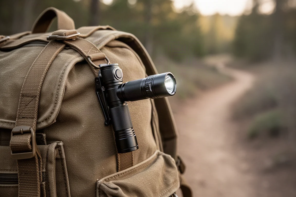 Linterna enganchada a la correa de una mochila en posición de luz angular de 90 grados