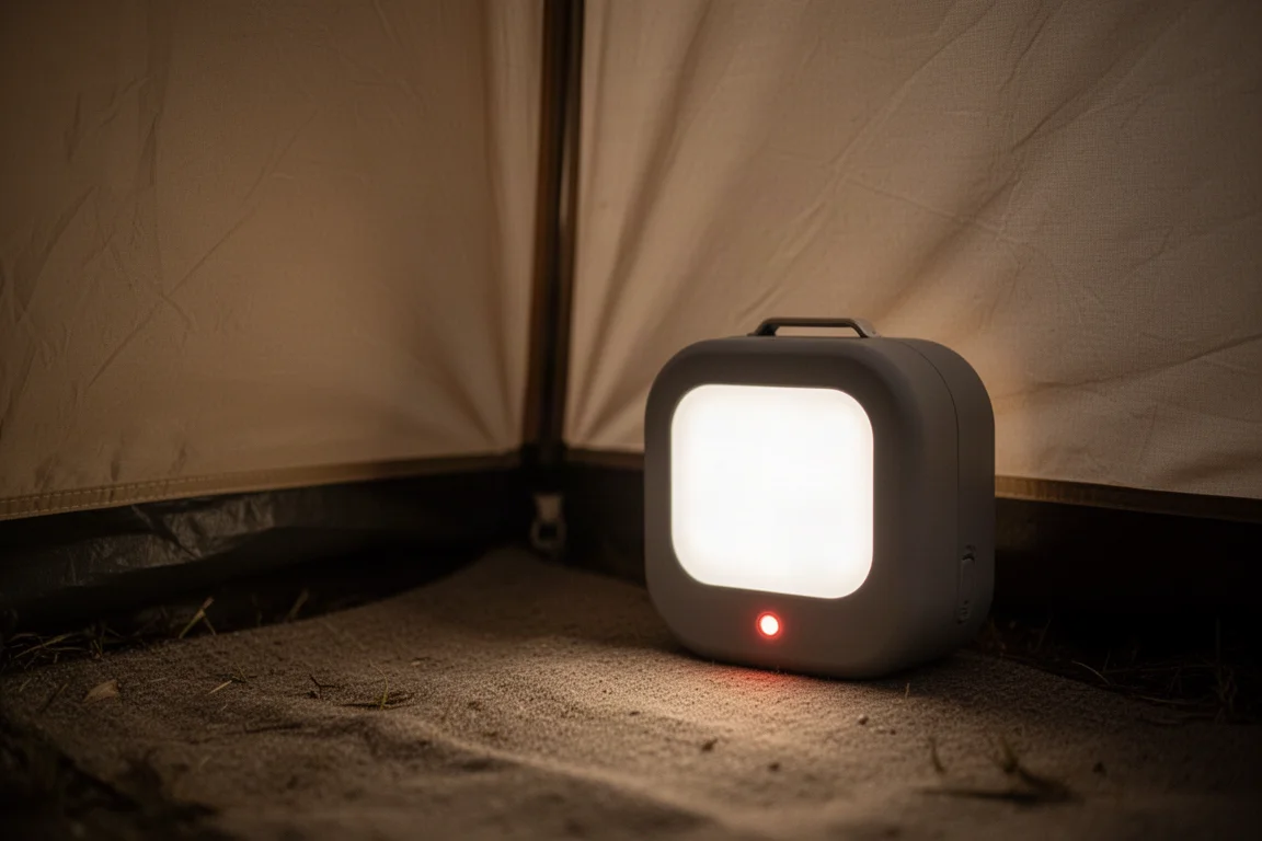 Luz de campamento cúbica brillando suavemente dentro de una tienda poco iluminada