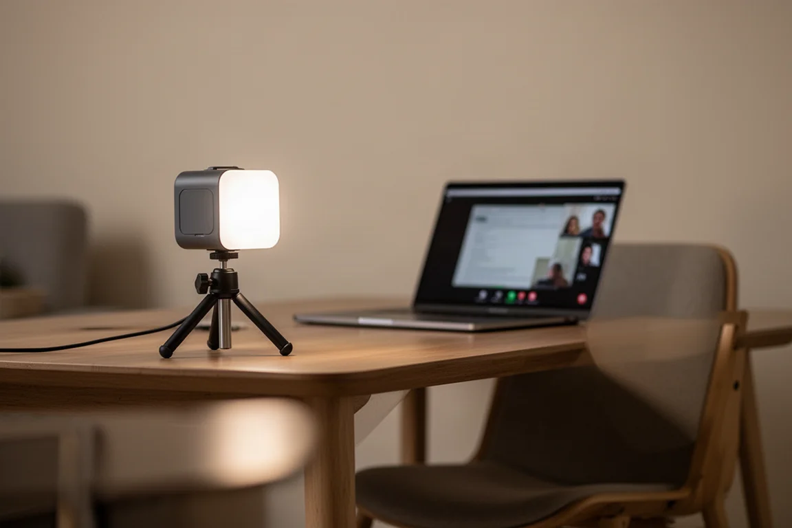Luz de campamento sobre un trípode aportando iluminación suave para una videollamada