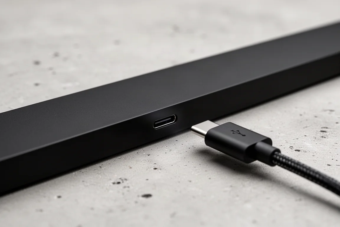Szczegół portu ładowania USB-C na krawędzi cienkiej lampki