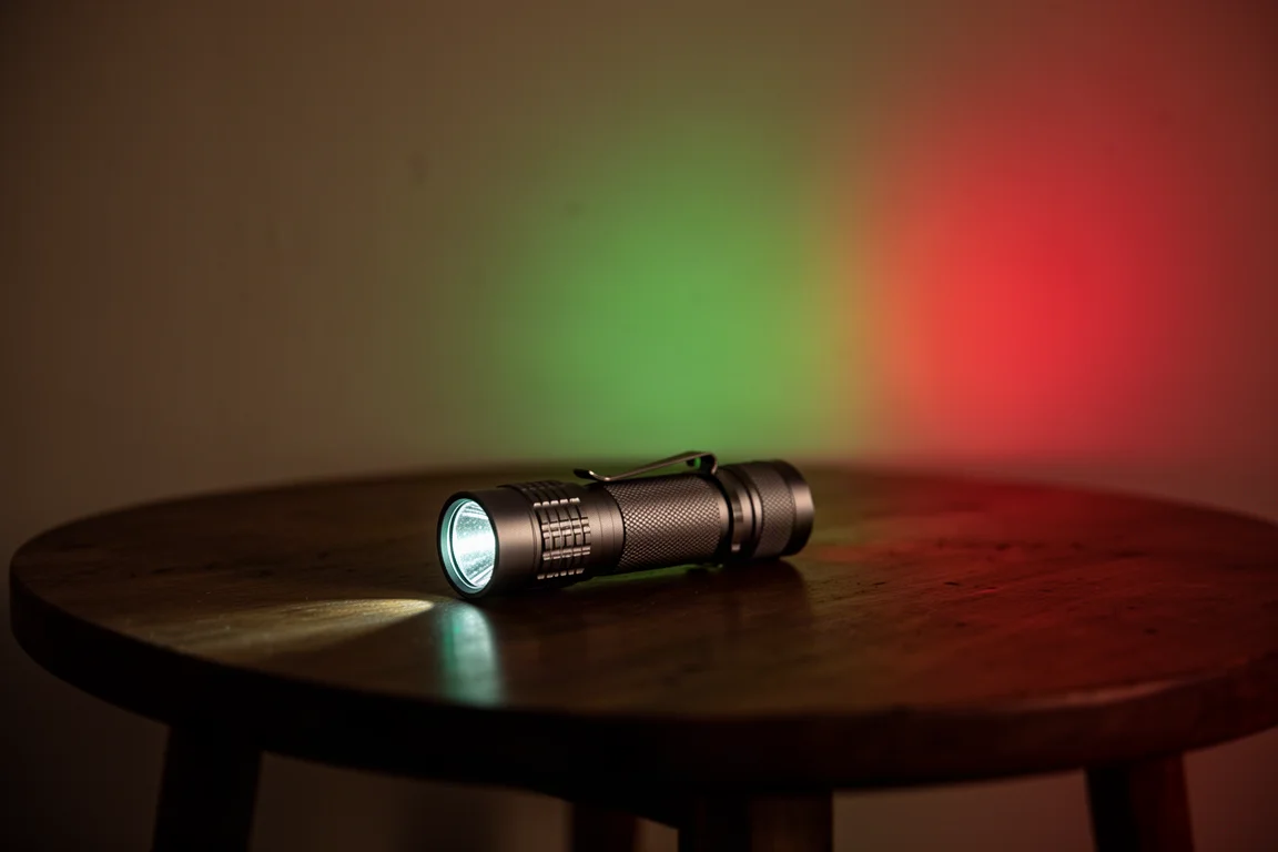 夜間手電筒在黑暗牆面上投射出綠色與紅色的光芒