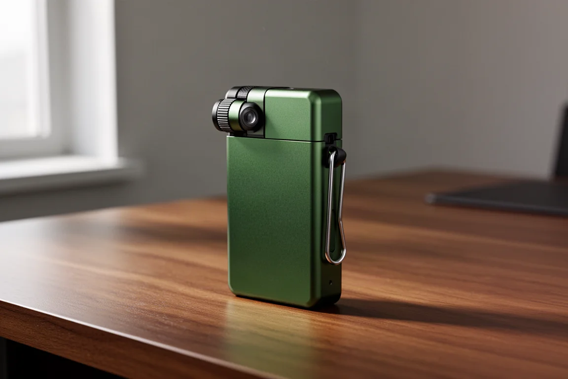 Wuben G5 kompakte grüne EDC-Taschenlampe mit Taschenklammer auf einem Holztisch