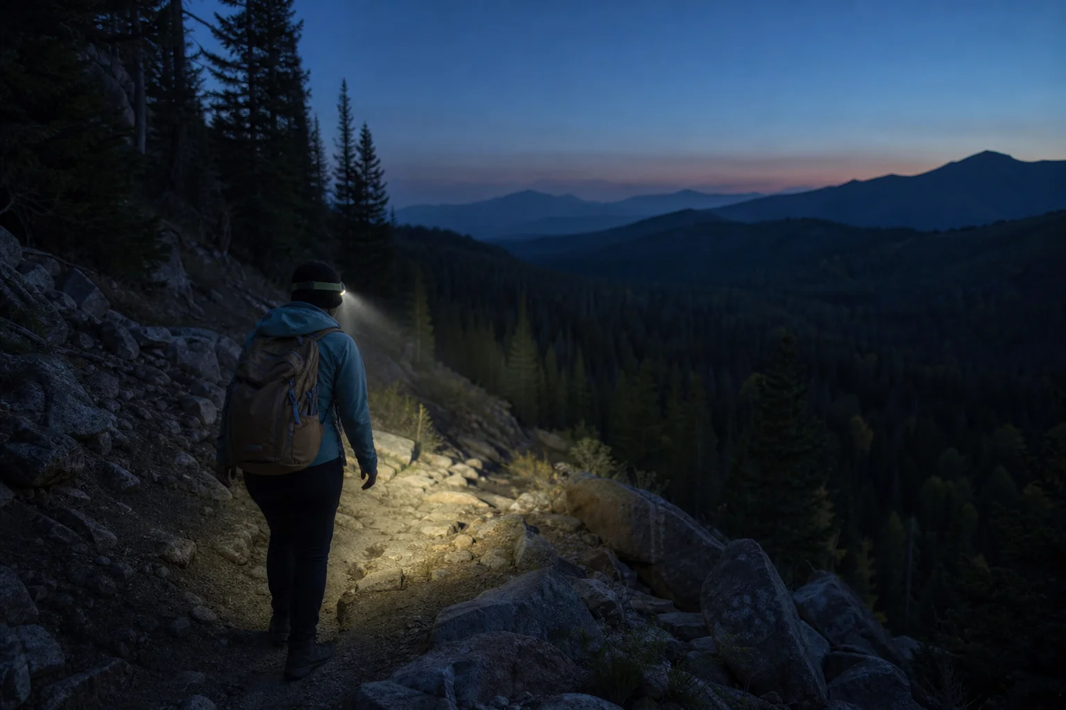 Wanderer auf einem Bergpfad in der Dämmerung, dessen Weg von einer Stirnlampe beleuchtet wird