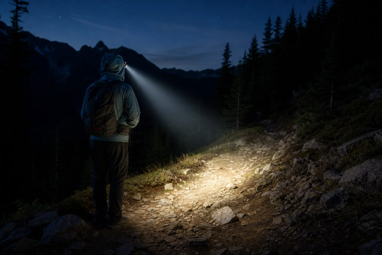 Der Lichtkegel einer Stirnlampe durchbricht die Dunkelheit auf einem nächtlichen Wanderweg