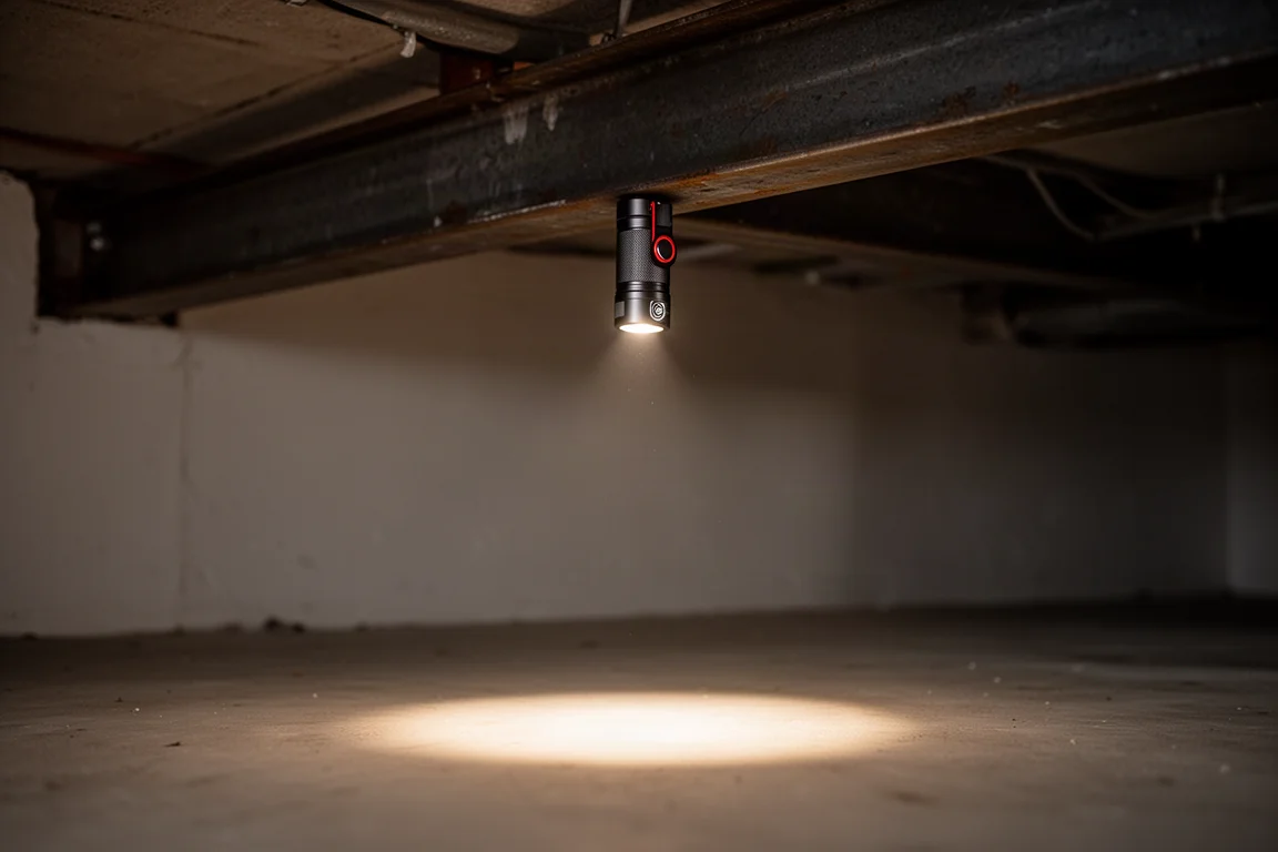 Pequeña linterna con base magnética sujeta a una viga metálica oscura del techo en una habitación a penumbra