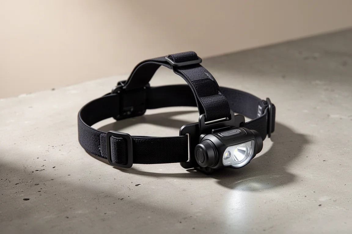 Wuben pannlampa med elastiskt pannband och ljusmodul på ett betongunderlag