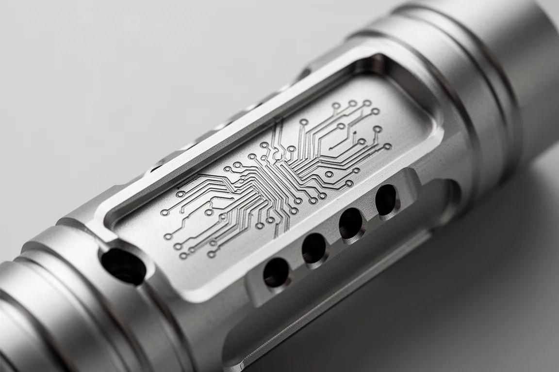 Close-up of the engraved aluminum body of a compact flashlight showing cutout pockets