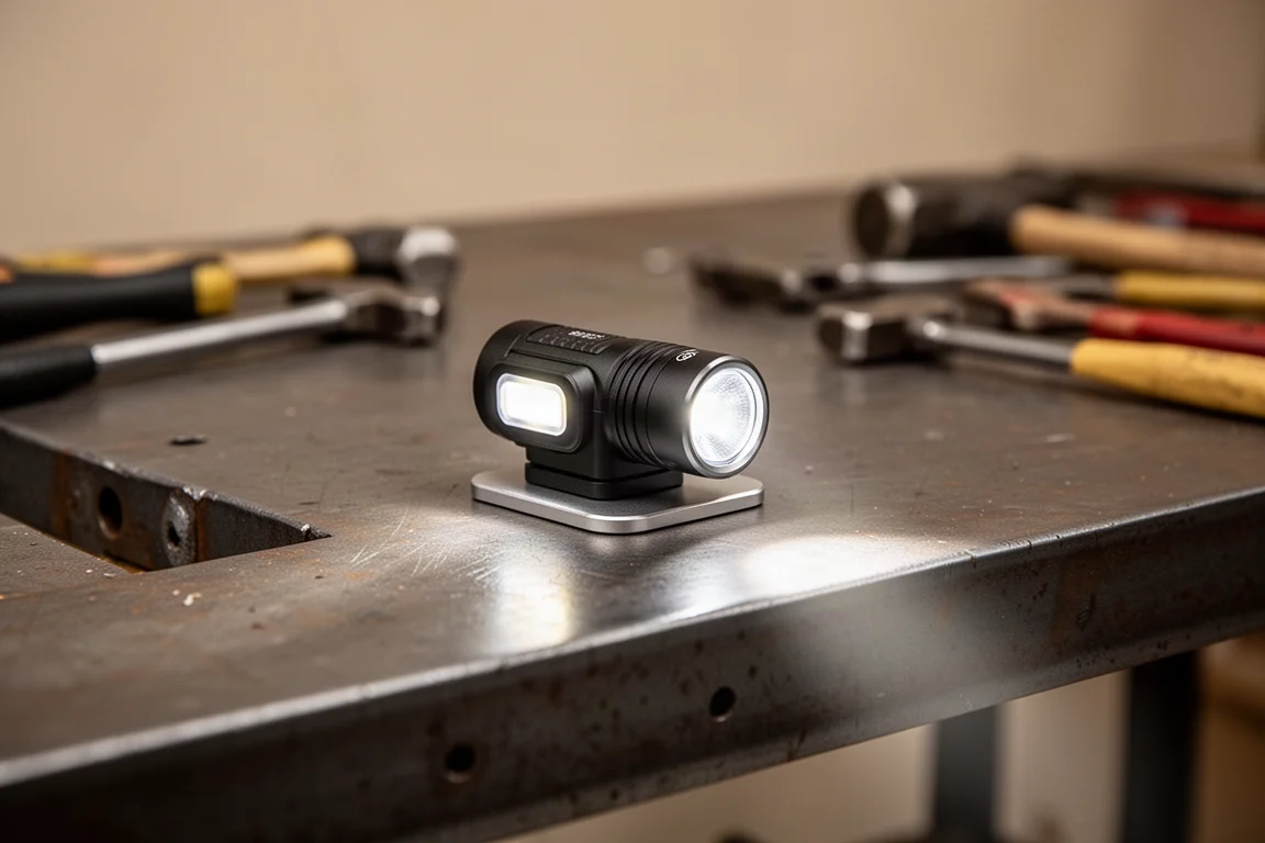 Flashlight lying flat on its magnetic base attached to a steel workbench