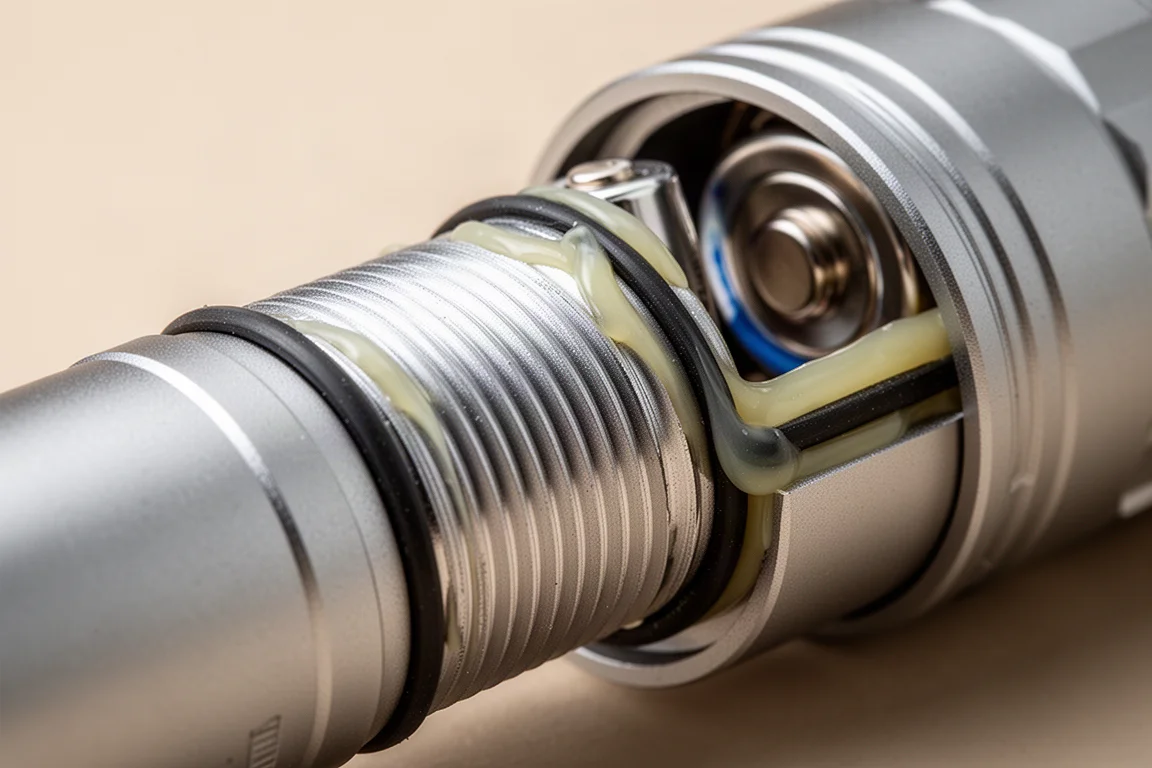 Open flashlight body revealing a well-greased battery tube and finely machined threads