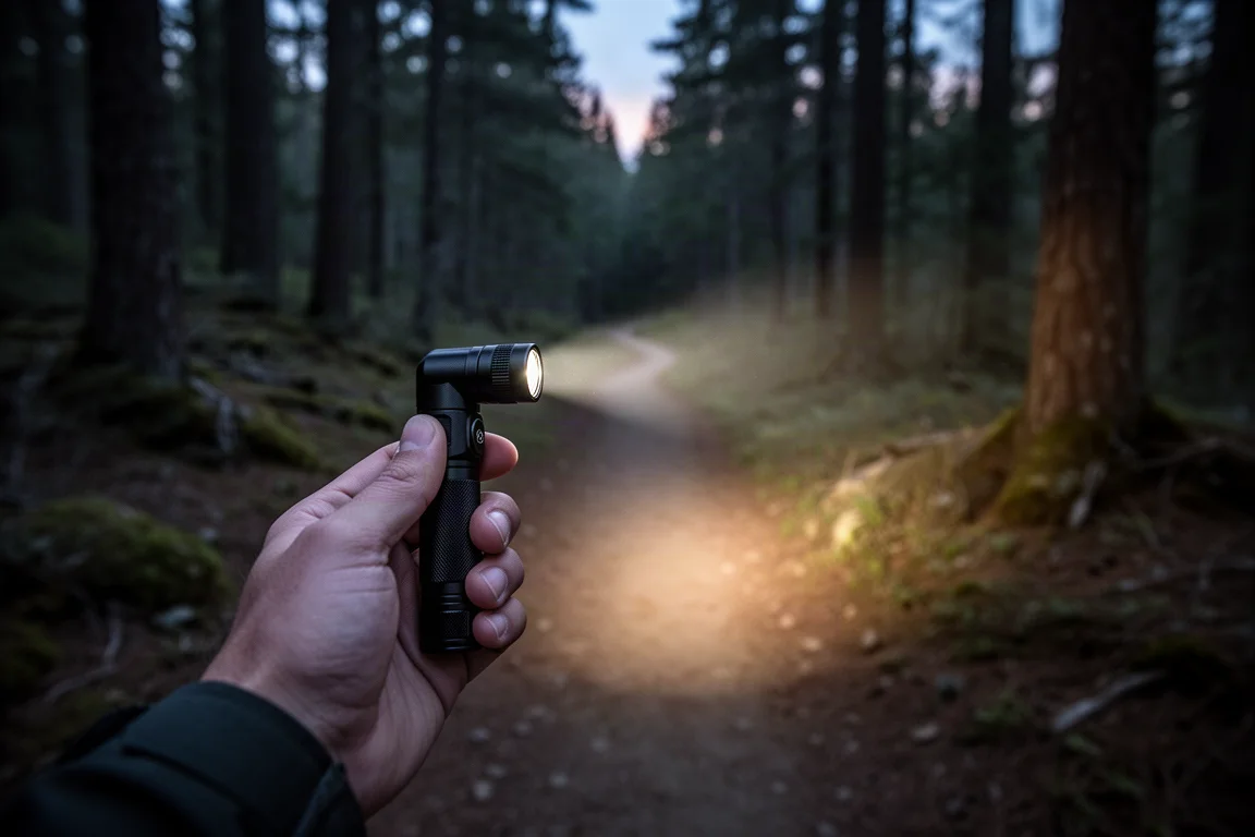 Person holding a small flashlight at a low angle during an evening walk on a forest trail