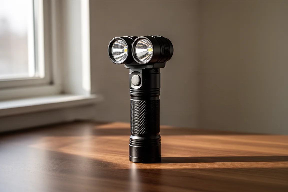 Lampe torche à double tête posée sur un bureau en bois sous une lumière douce de fenêtre