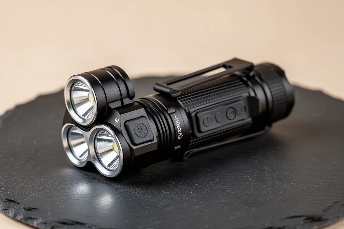 Tête de lampe torche pivotée à 90 degrés sur une surface sombre