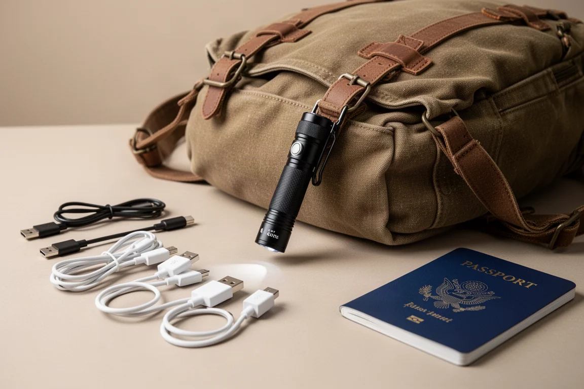 Lampe torche accrochée à une sangle de sac à dos à côté d'équipements de voyage sur une table