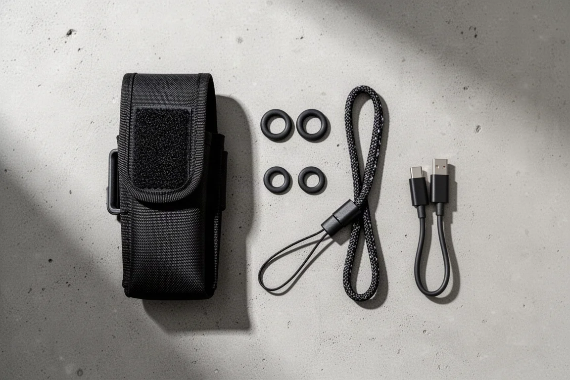 Kit de accesorios de la linterna desplegado con funda, cordón, juntas tóricas de repuesto y cable USB-C
