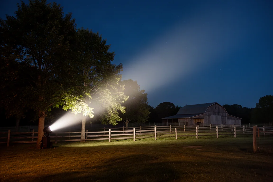 Haz amplio de una linterna iluminando árboles y un granero lejano de noche