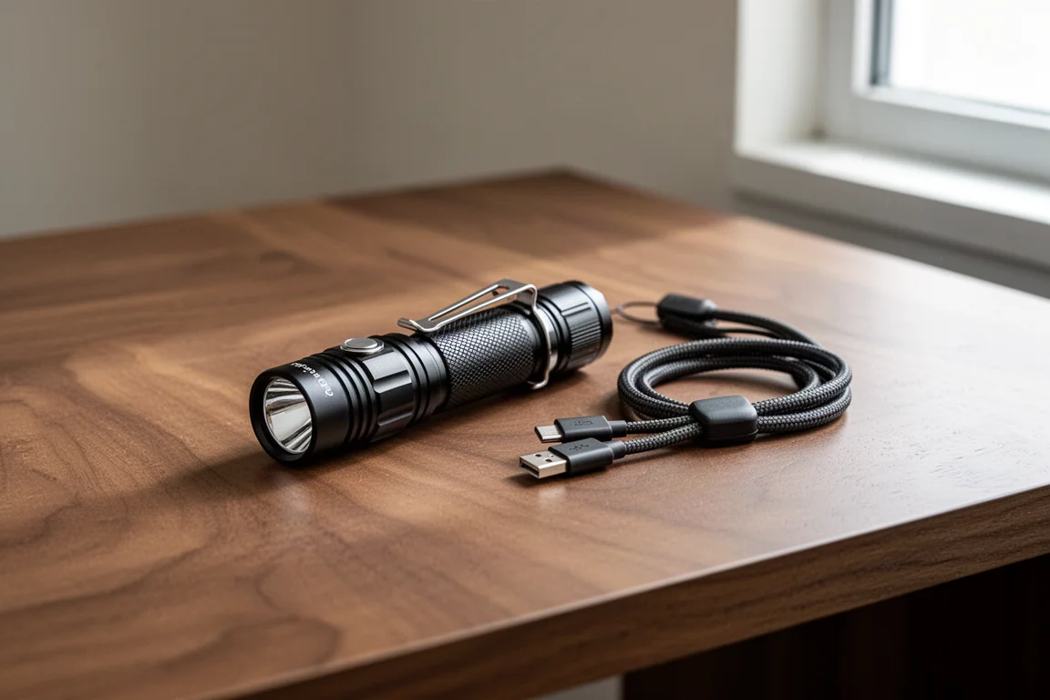 Kompakte taktische Taschenlampe mit Taschenclip liegend auf einem Holztisch