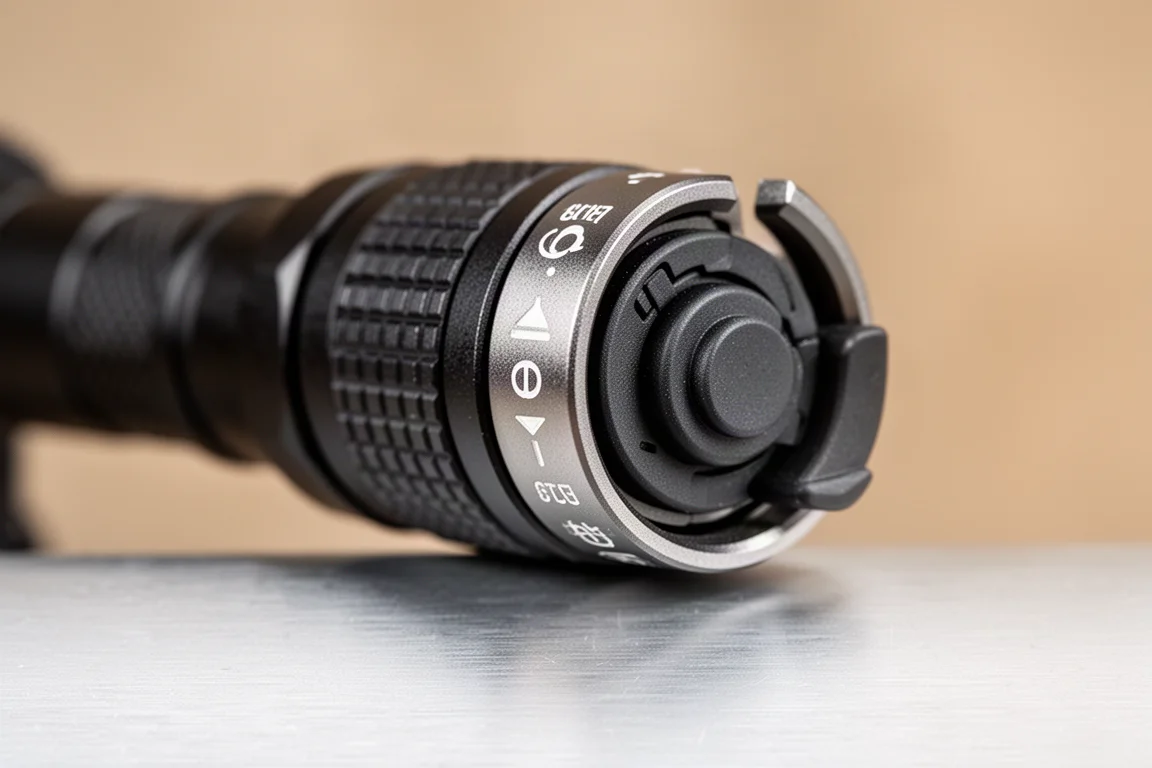 Nahaufnahme des drehbaren Heckrings mit den Positionen Duty, Tactical und Lock