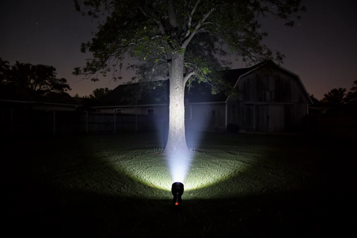 Heller kaltweißer Lichtstrahl einer Taschenlampe trifft einen Baum im dunklen Garten