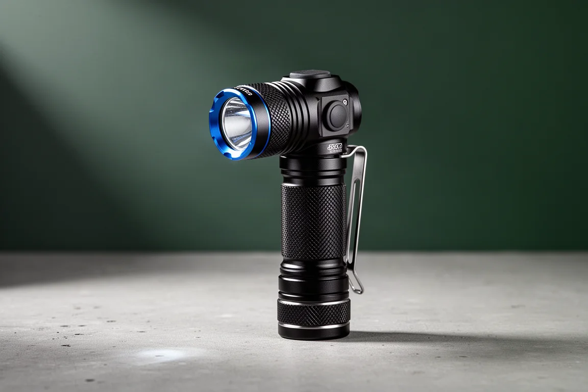 Compact black tactical flashlight standing upright on a concrete surface
