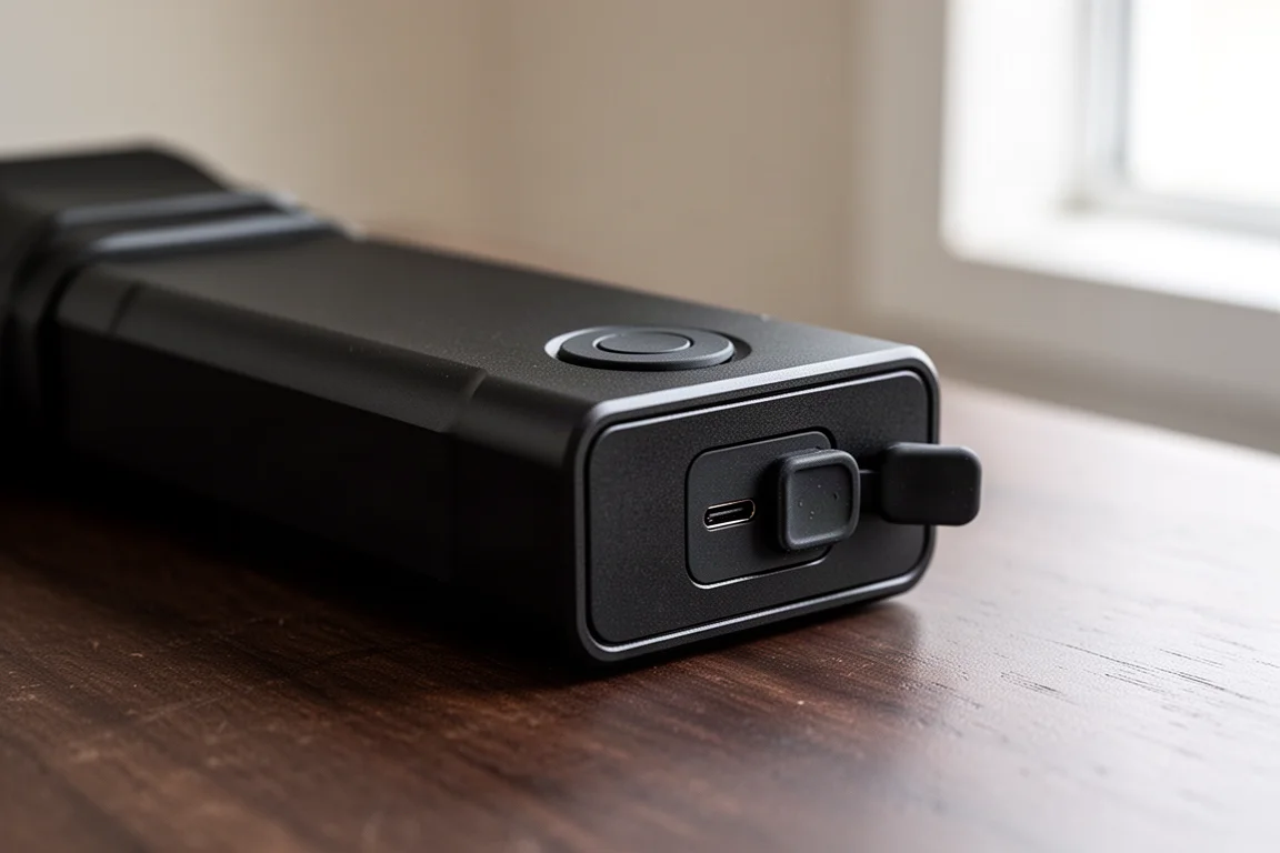 Cuerpo rectangular grande de la linterna mostrando el botón frontal y el puerto USB-C con cubierta de goma