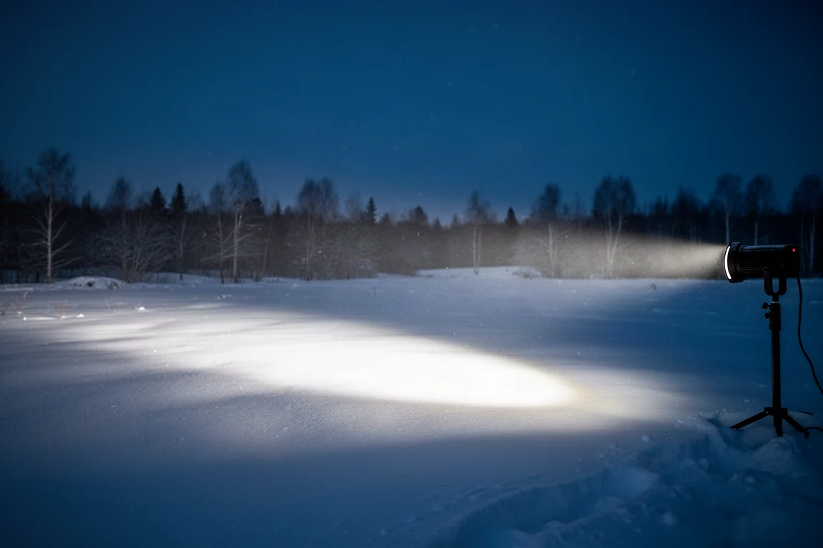 Ample haz luminoso de una linterna potente iluminando un campo cubierto de nieve de noche