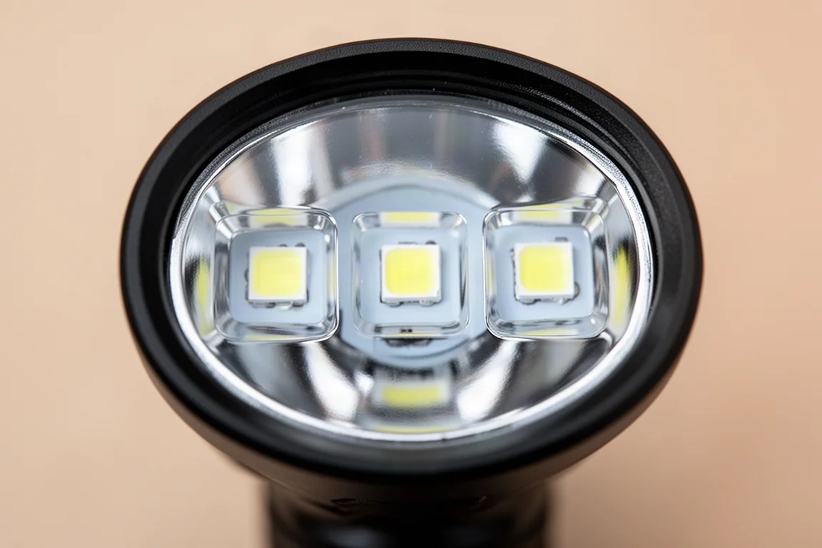 Nahaufnahme von drei großen LED-Emittern hinter einer klaren Linse im Lampenkopf einer Taschenlampe
