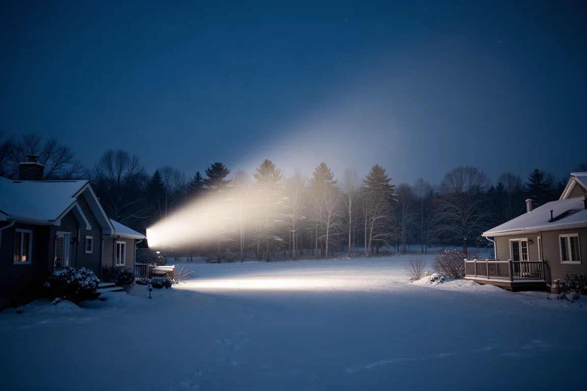 Flutlichtstrahl, der nachts aus der Distanz über einen verschneiten Garten fällt