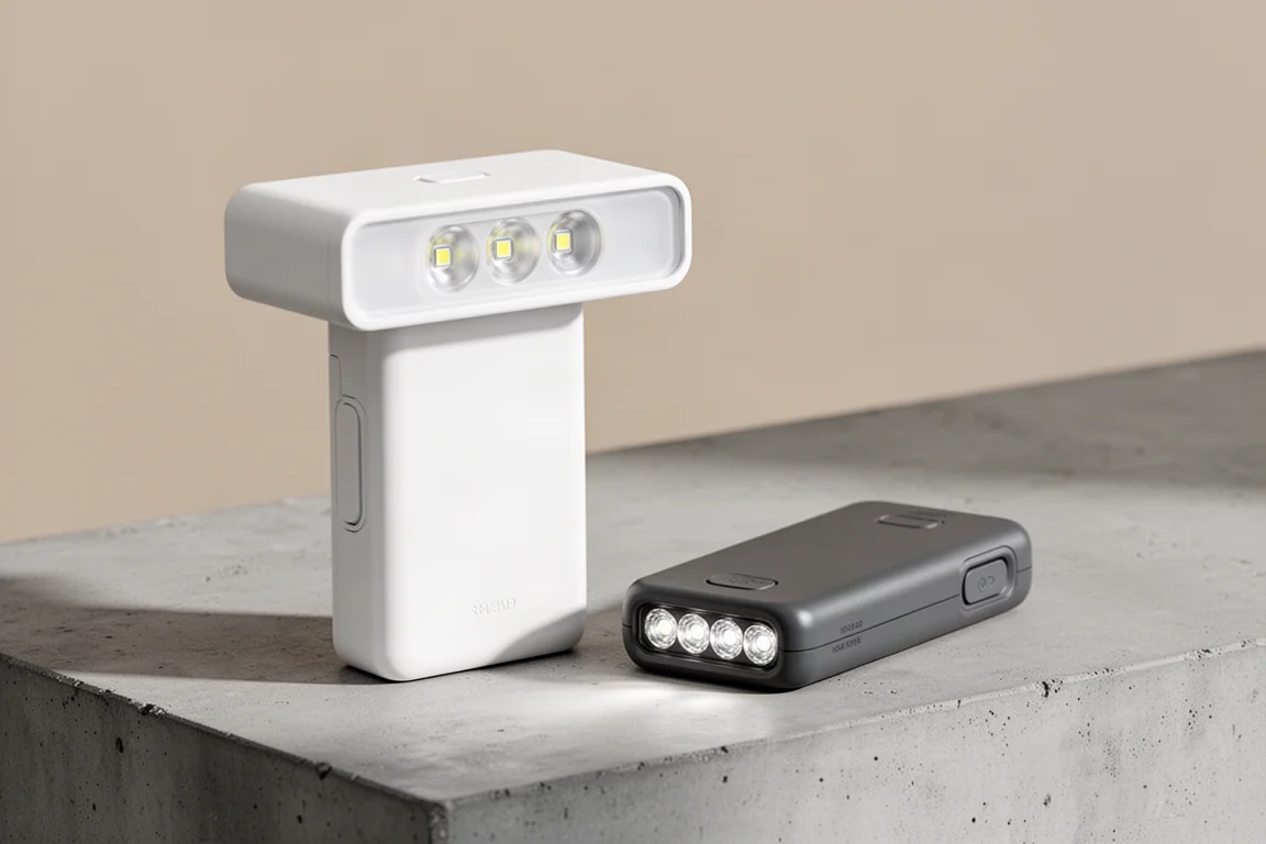 Wuben X1 Falcon und Nitecore TM12K, flache Taschenlampen, nebeneinander auf Beton