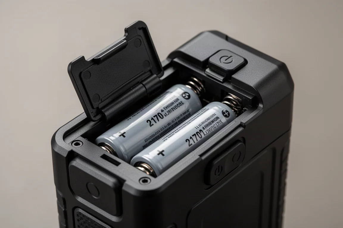 Geopend accuvak van een zaklantaarn met twee 21700 lithium-ion cellen en veercontacten