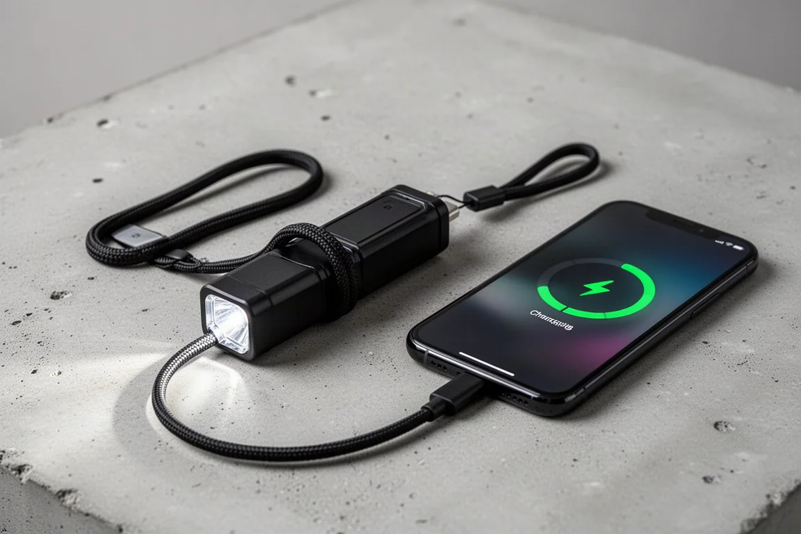Zaklantaarn verbonden via een USB-C-kabel die tevens als koord dient, laadt een smartphone op op beton