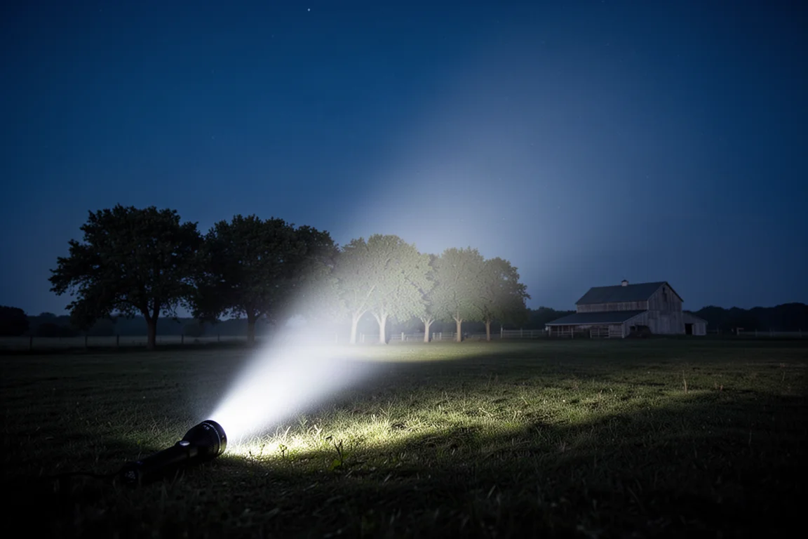 Krachtige lichtbundel van een zaklantaarn zwiept over een donkere achtertuin en verlicht bomen en een schuur