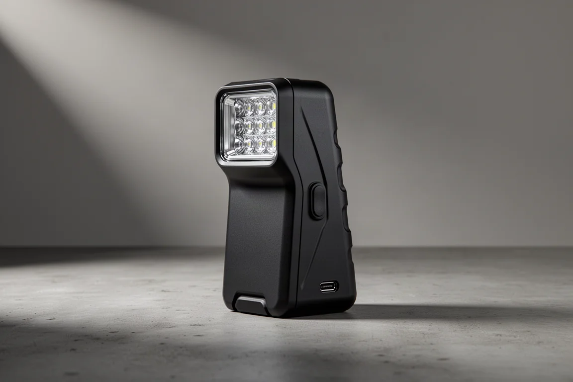 Flache, keilförmige schwarze Wuben X1 Pro Taschenlampe auf einer Betonoberfläche