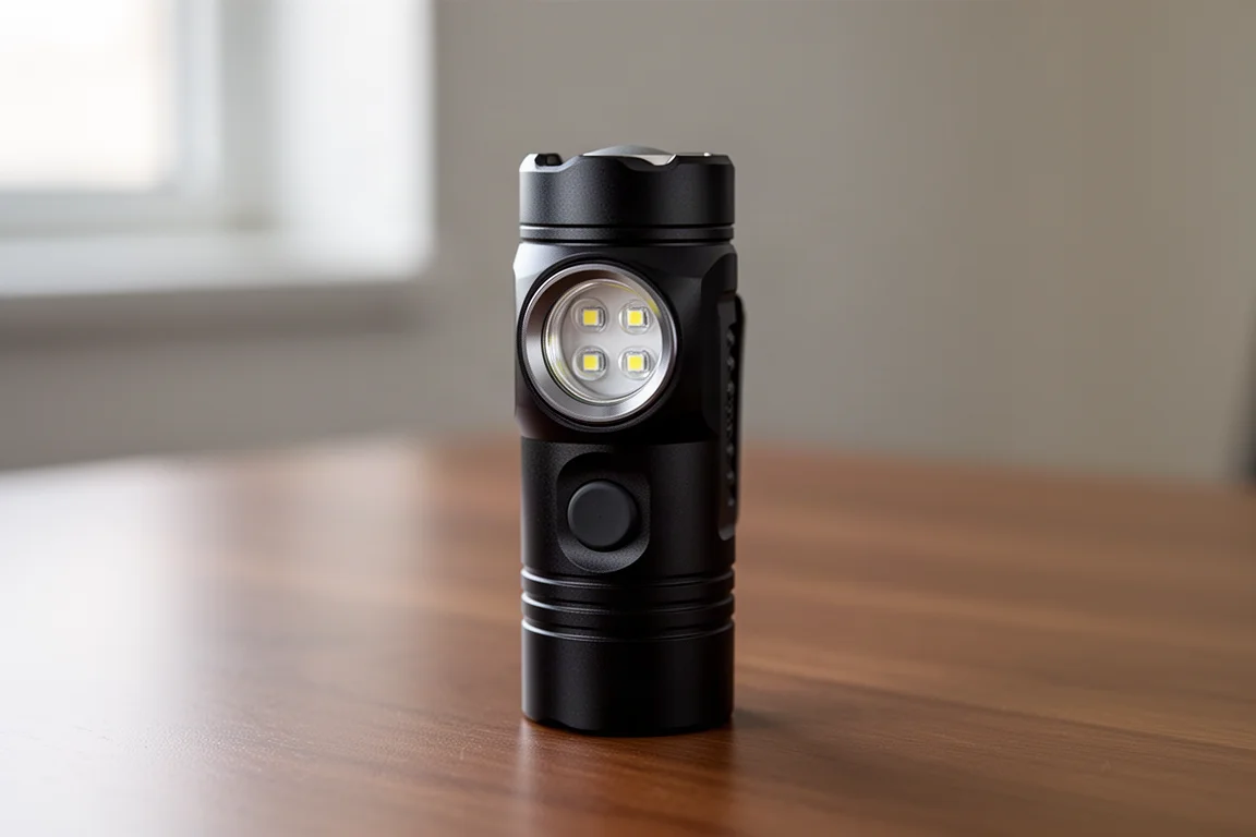Linterna EDC compacta con cuatro LEDs frontales encendidos sobre un escritorio