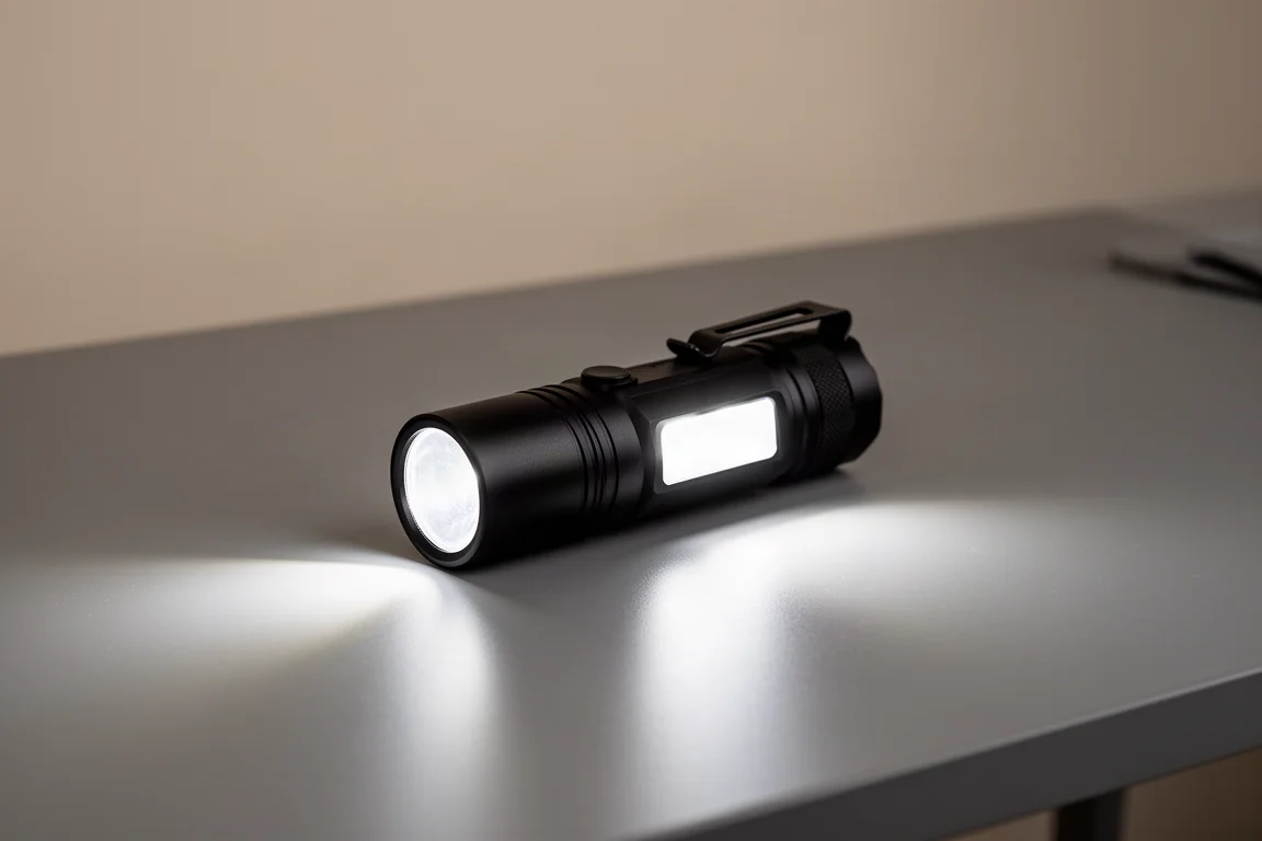 Luz lateral de inundación de la linterna inclinada hacia arriba en ángulo sobre una mesa