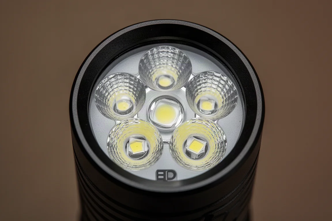 Close-up of a flat flashlight lens showing four front LED emitters and concave textured optics
