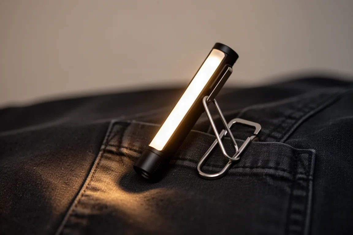 Flat flashlight clipped to a shirt pocket casting light upward, showing the tilting side light