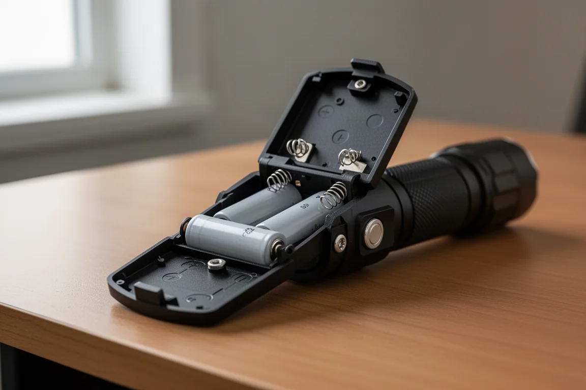 Open battery compartment of a flat flashlight showing two batteries and dual springs