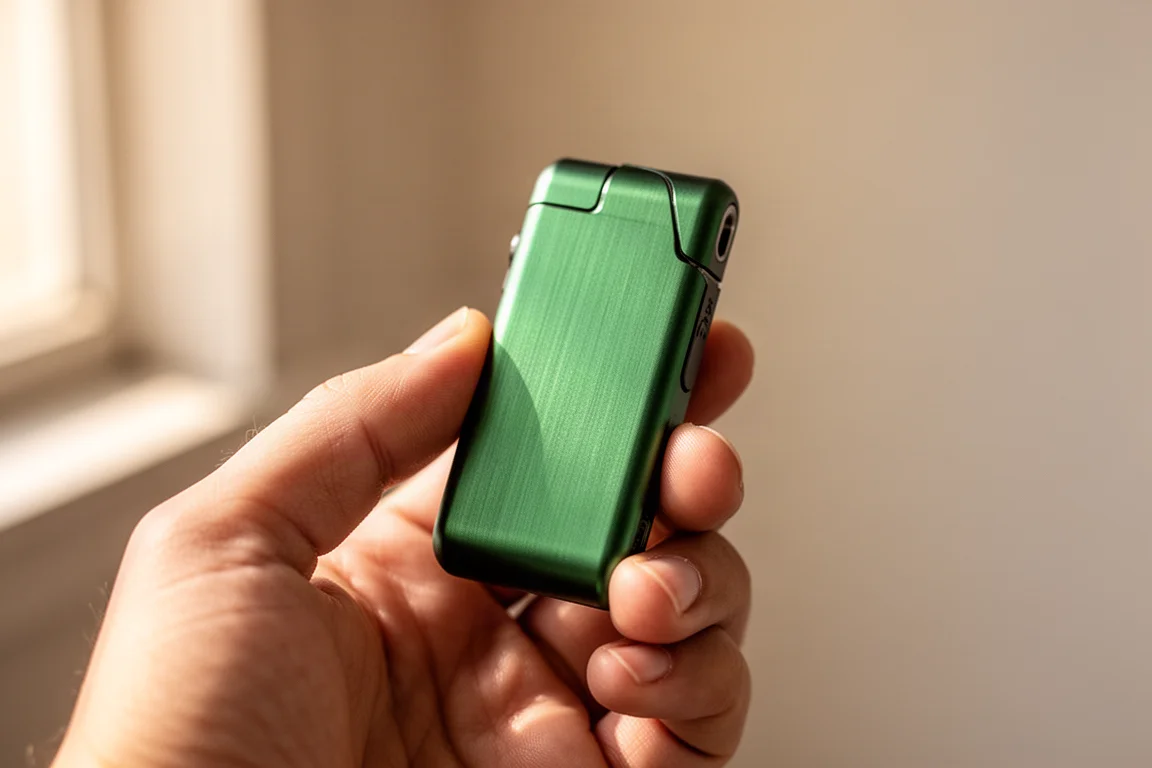 Green titanium flat-body flashlight held in an open hand showing its wide profile
