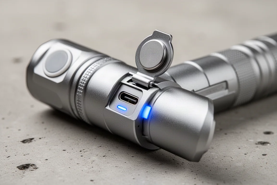 USB Type-C charging port under a magnetized metal pedal flap on a flashlight body