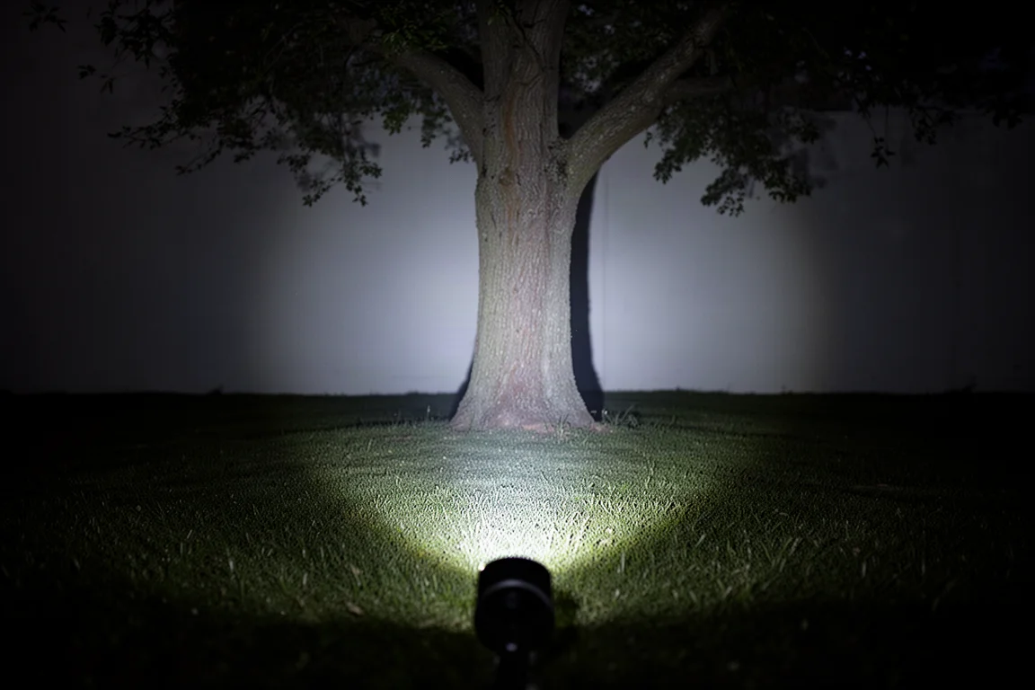 Warm neutral white flashlight beam illuminating a dark lawn at night with an even wide profile