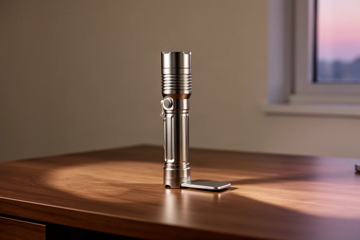 Larger flat-body flashlight standing upright on its flat tail on a wooden desk