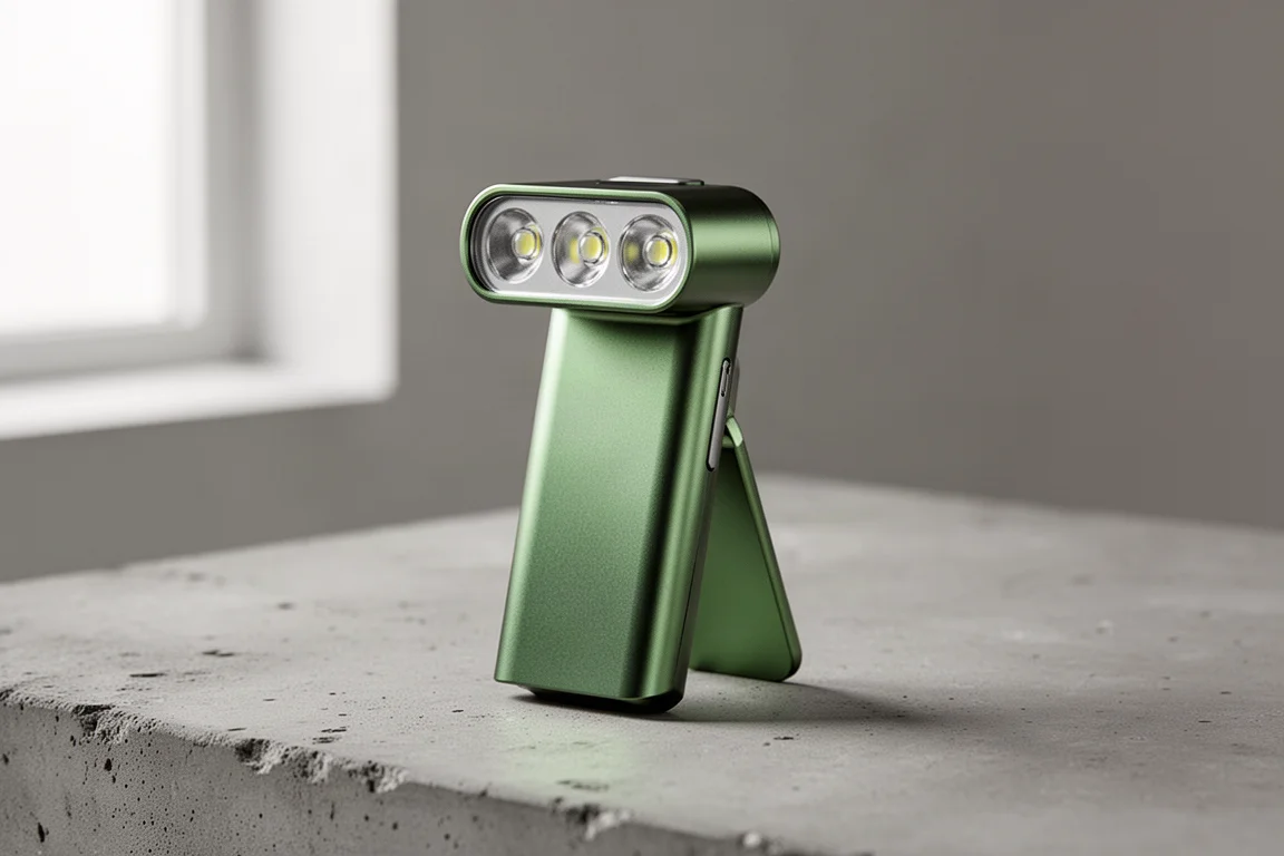 Green titanium flat-body flashlight standing upright on a concrete surface