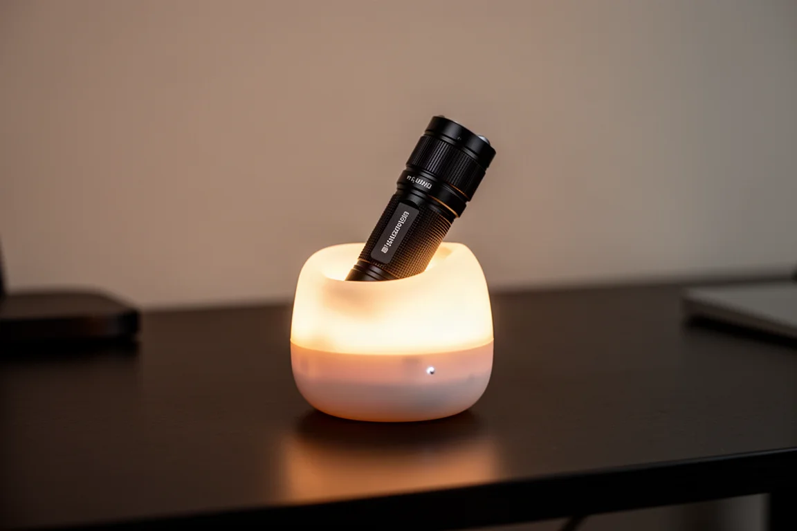 Lampe posée dans son étui de charge sans fil, l'étui diffusant une lumière douce