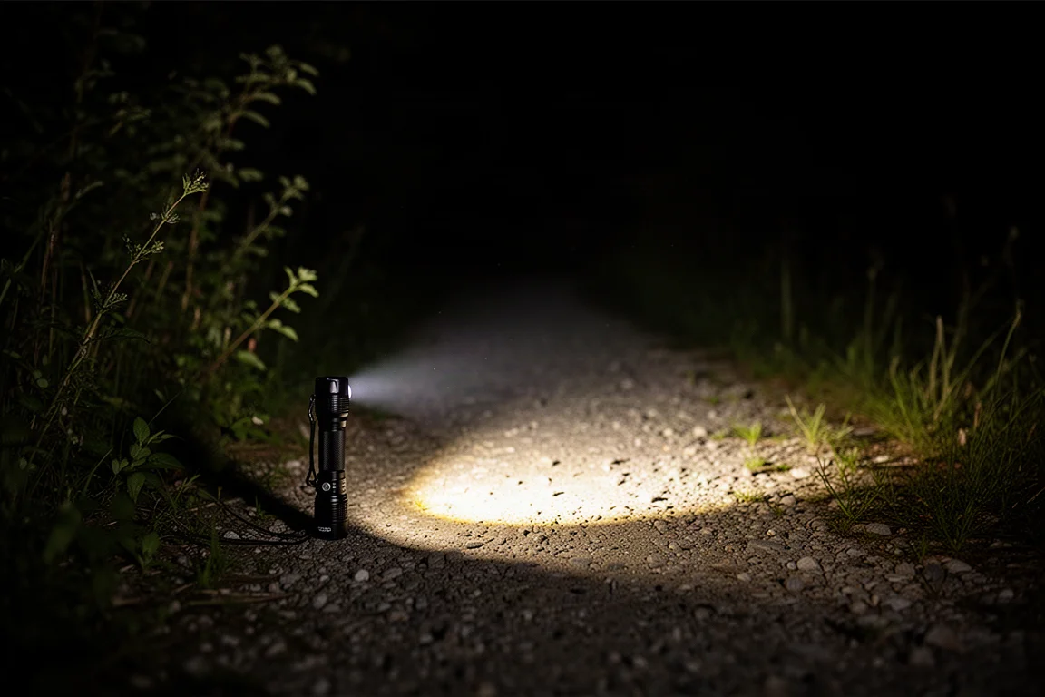 Faisceau de la lampe éclairant un chemin extérieur sombre la nuit