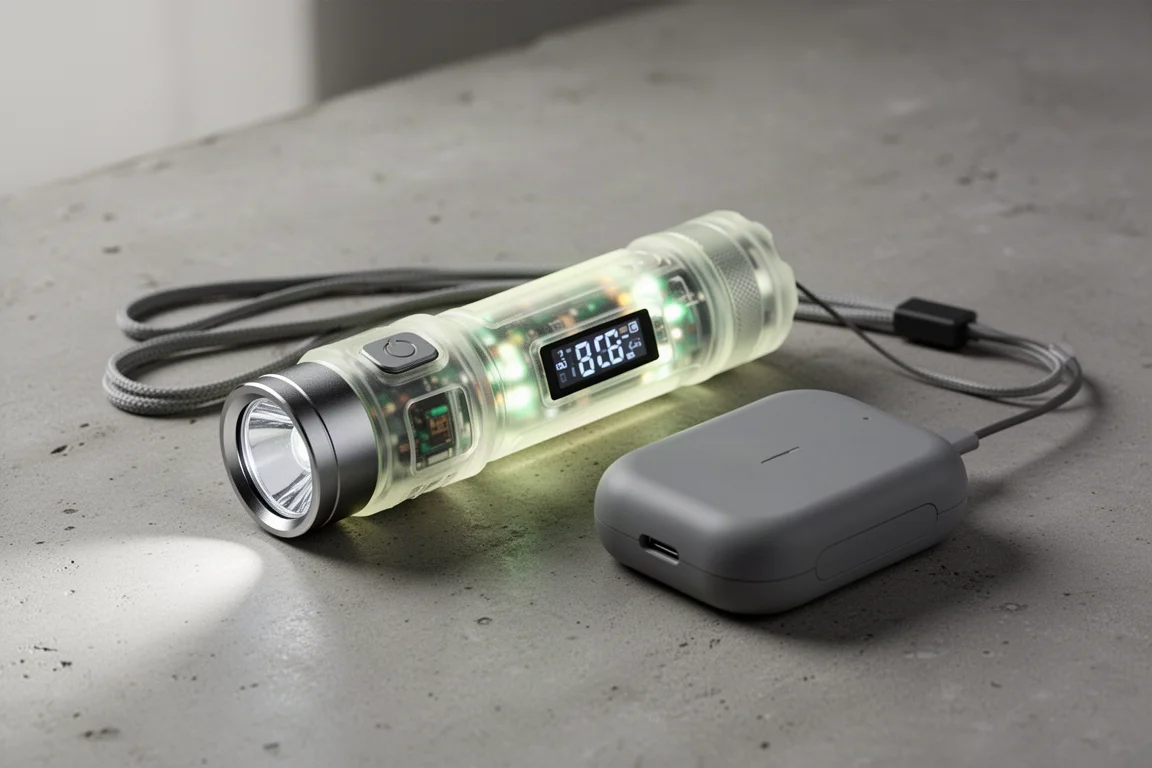 Compact translucent EDC flashlight with charging case and lanyard charging cable on concrete