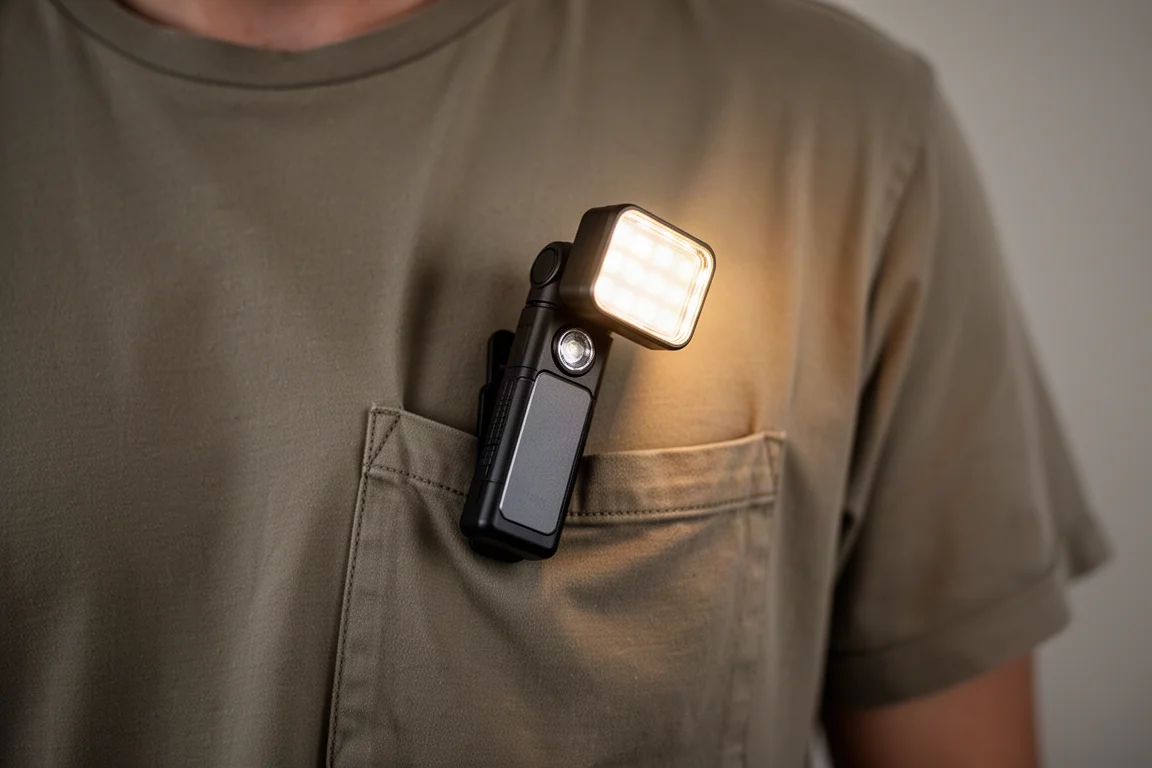 Ficklampan med huvudet roterat 180 grader klippt i en skjortficka som fungerar som liten lampa
