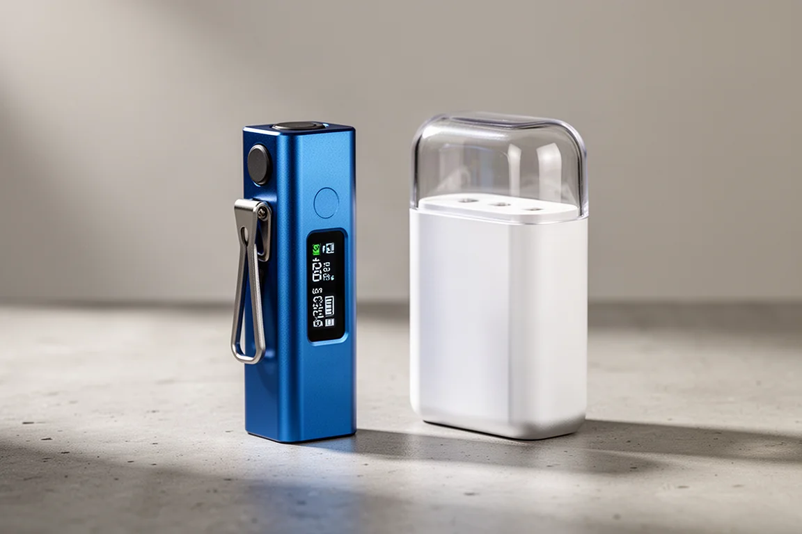 Blue Wuben X3 Owl flashlight standing next to its white aluminum charging case