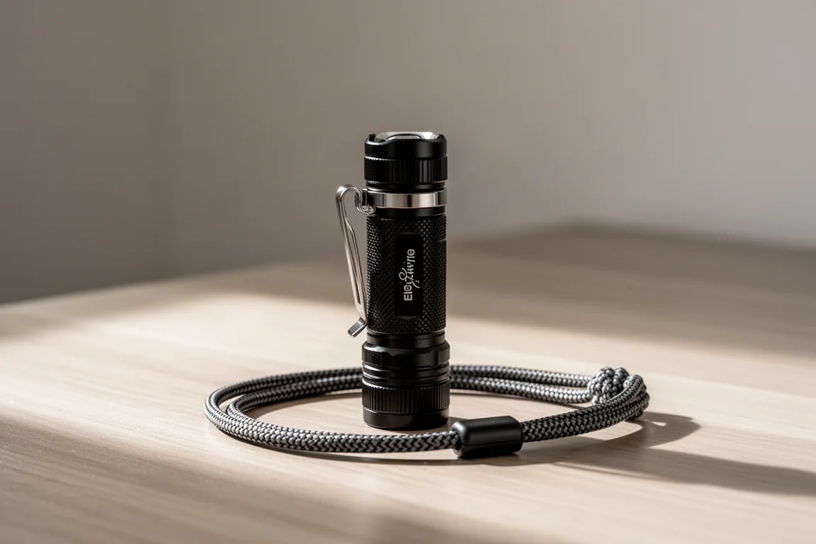 Compact black flashlight standing upright on a wooden desk beside a pocket clip and lanyard