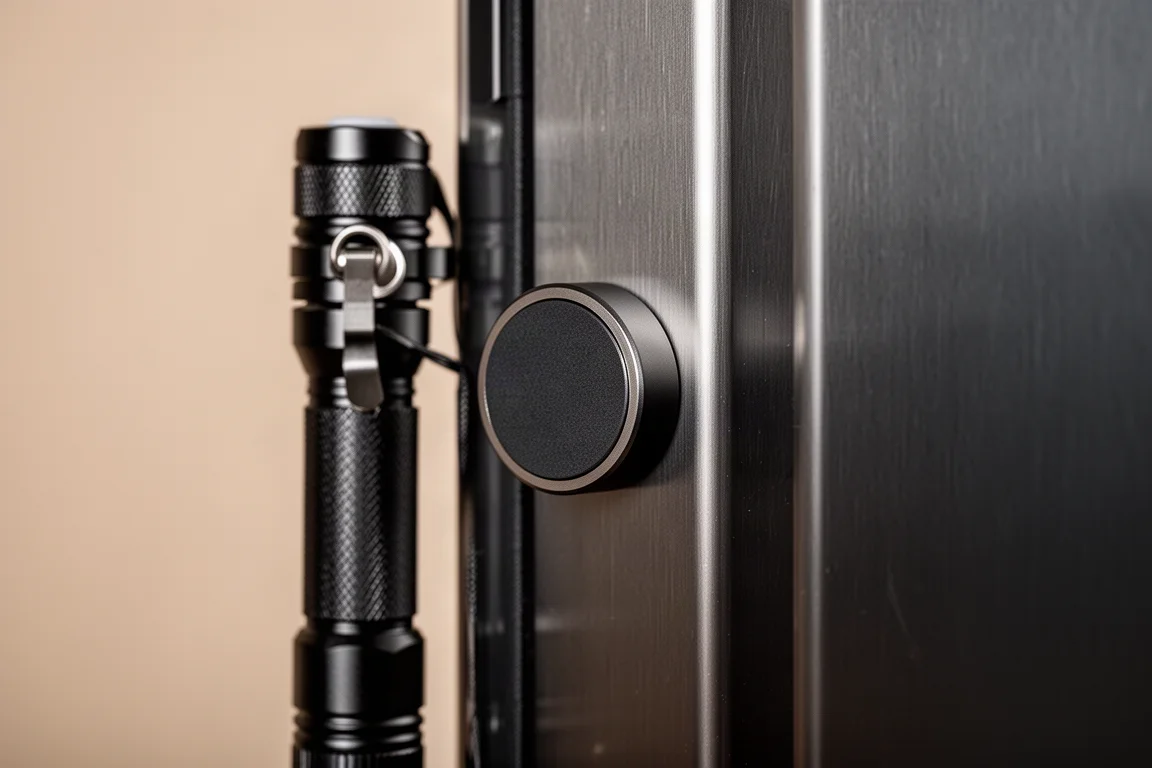Flashlight tail with magnetic mount holding the light vertically on a steel surface