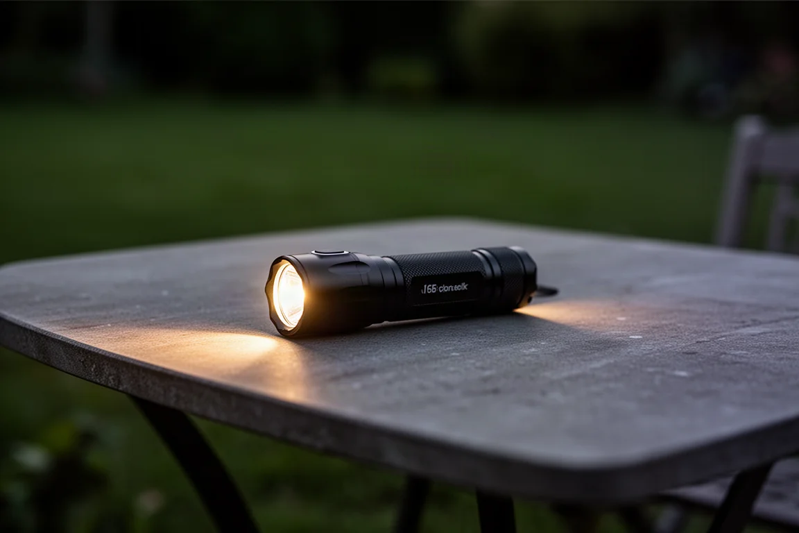 Warm white sidelight glowing softly on a flashlight held outdoors at dusk